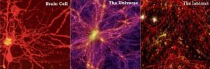 Three images side by side showing the comparative network structures of the brain, universe, and internet.